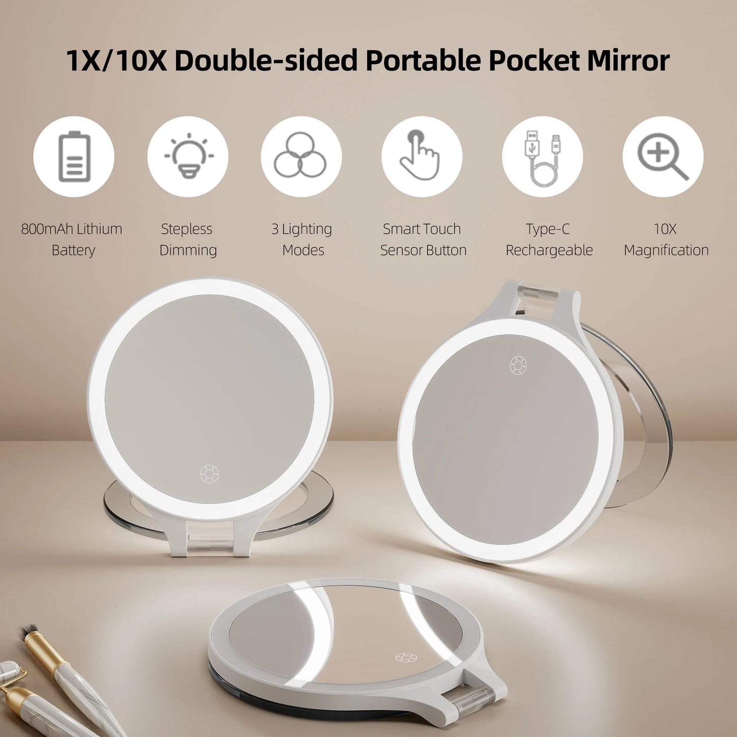 Funtouch RM451 portable double-sided 1x/10x magnifying makeup mirror with LED light, rechargeable and touch control.