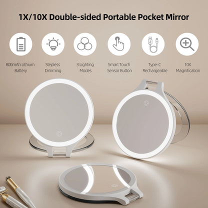 Funtouch RM451 portable double-sided 1x/10x magnifying makeup mirror with LED light, rechargeable and touch control.