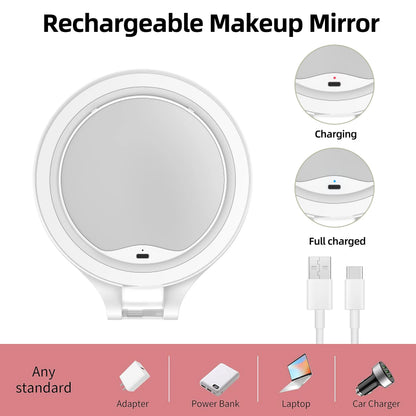 Funtouch RM451 rechargeable makeup mirror with Type-C charging, showing charging status and compatibility with power bank/laptop.