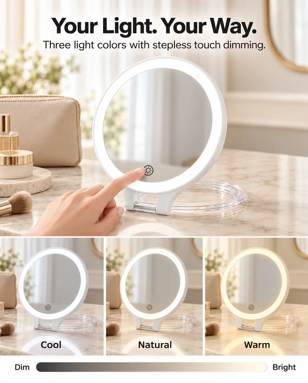 FUNTOUCH RM451 mirror showing its touch control, adjustable brightness and cool, natural and warm lighting modes.