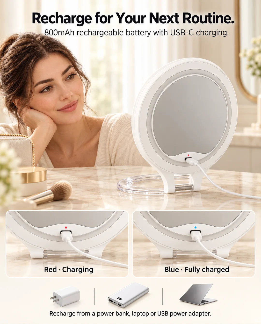 FUNTOUCH RM451 showing its USB-C charging port, 800mAh battery and red and blue charging indicators.
