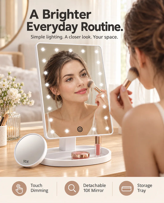Woman applying makeup with the white FUNTOUCH SM145 LED mirror, detachable 10X mirror and storage tray.