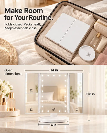 FUNTOUCH SM241 packed with its detachable base in a suitcase, with open dimensions shown below.