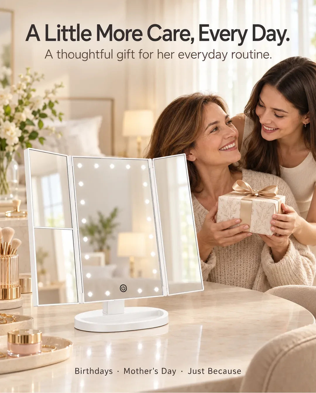 Daughter giving her mother a wrapped gift beside a white FUNTOUCH SM241 tri-fold LED makeup mirror.