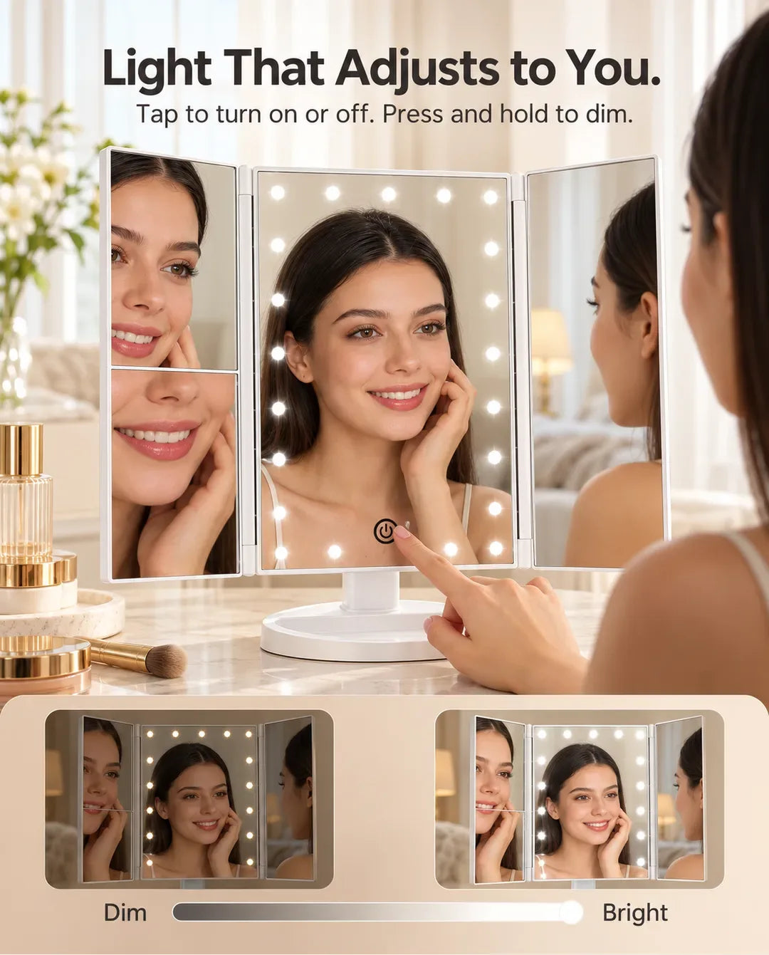 Woman adjusting the brightness of the FUNTOUCH SM241 LED makeup mirror using its touch control.