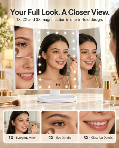 White FUNTOUCH SM241 tri-fold makeup mirror showing 1X, 2X and 3X magnification for everyday makeup and close-up details.