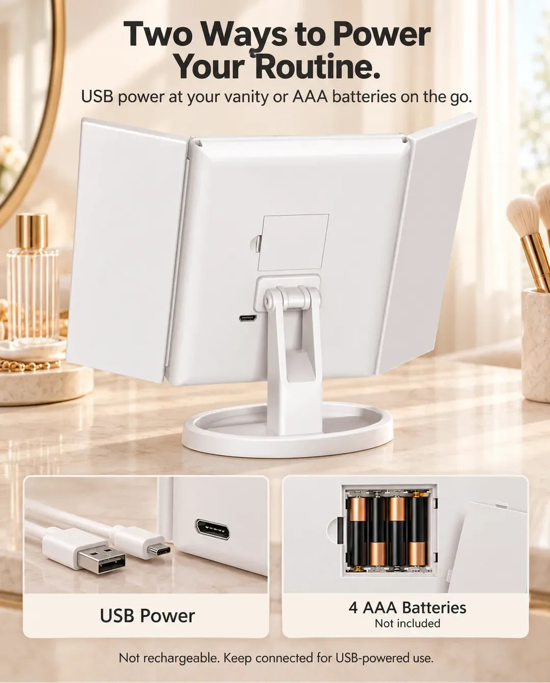Rear view of the FUNTOUCH SM241 mirror showing its USB power connection and compartment for four AAA batteries.