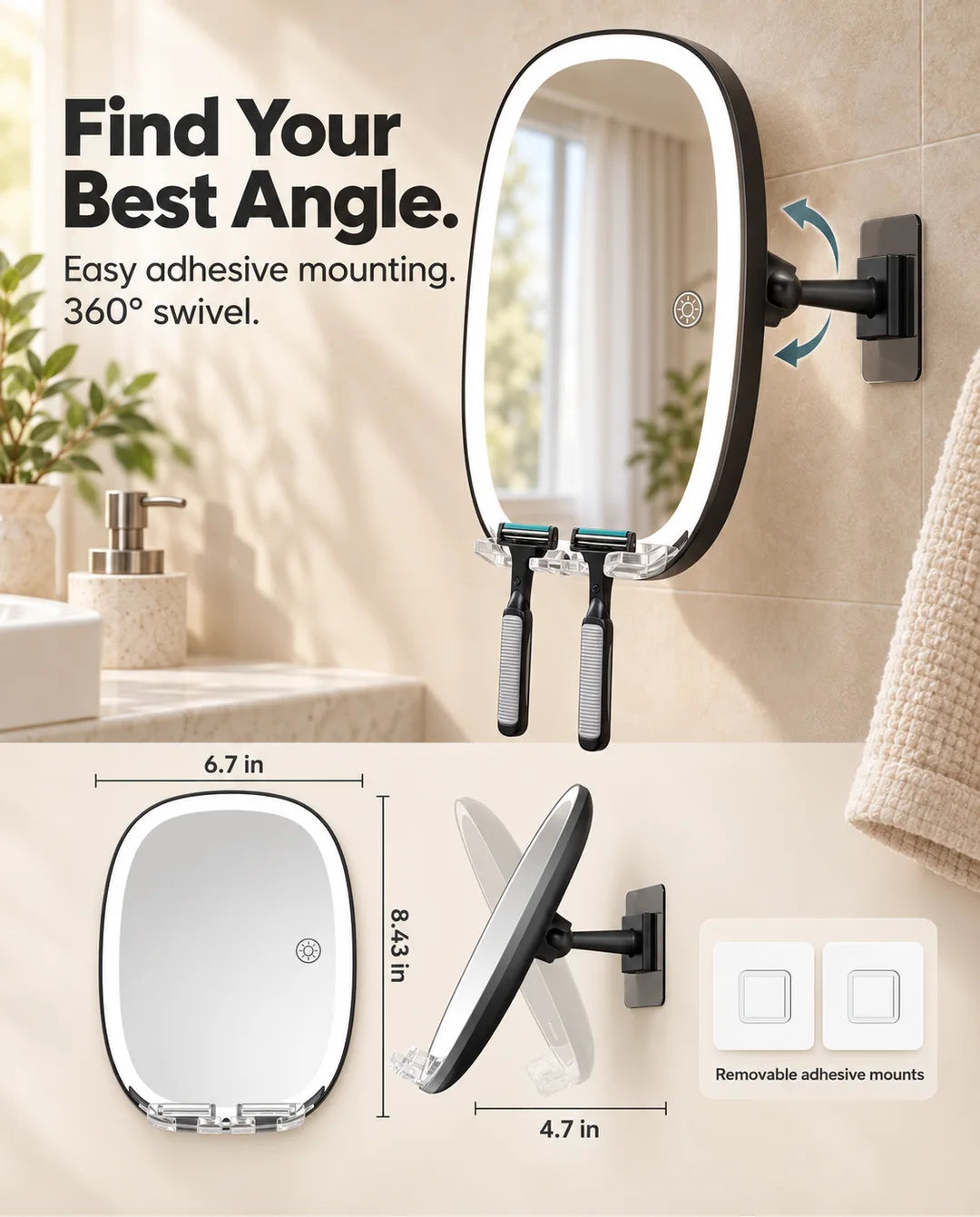 FUNTOUCH SM378 shaving mirror showing its swivel arm, adhesive wall mounts and dimensions.