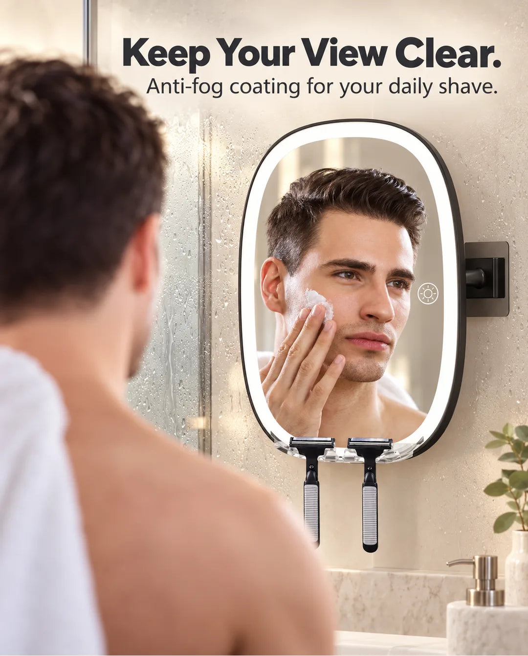 Man applying shaving cream in the clear reflection of the FUNTOUCH SM378 anti-fog mirror.
