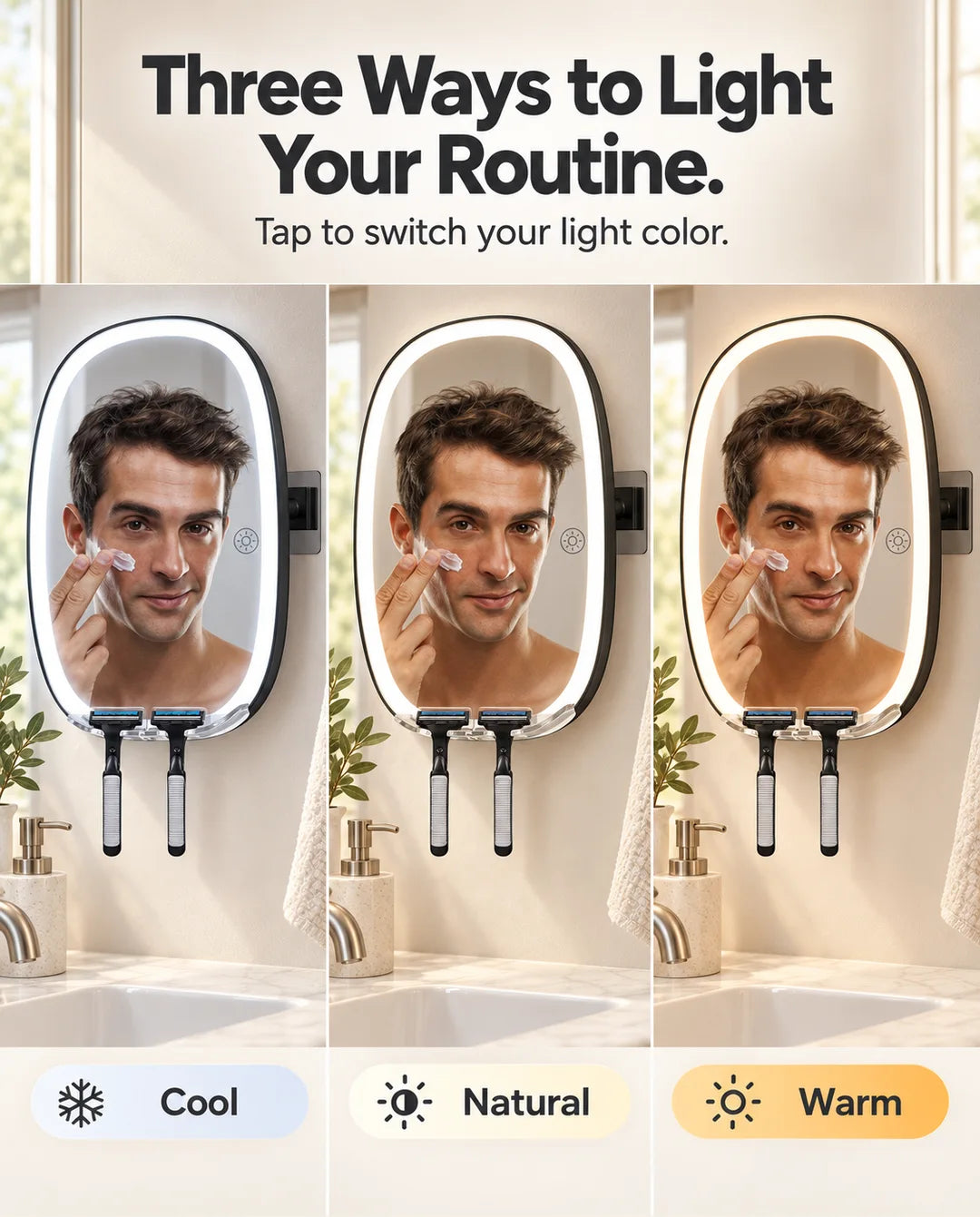 FUNTOUCH SM378 shaving mirror showing cool, natural and warm lighting modes.