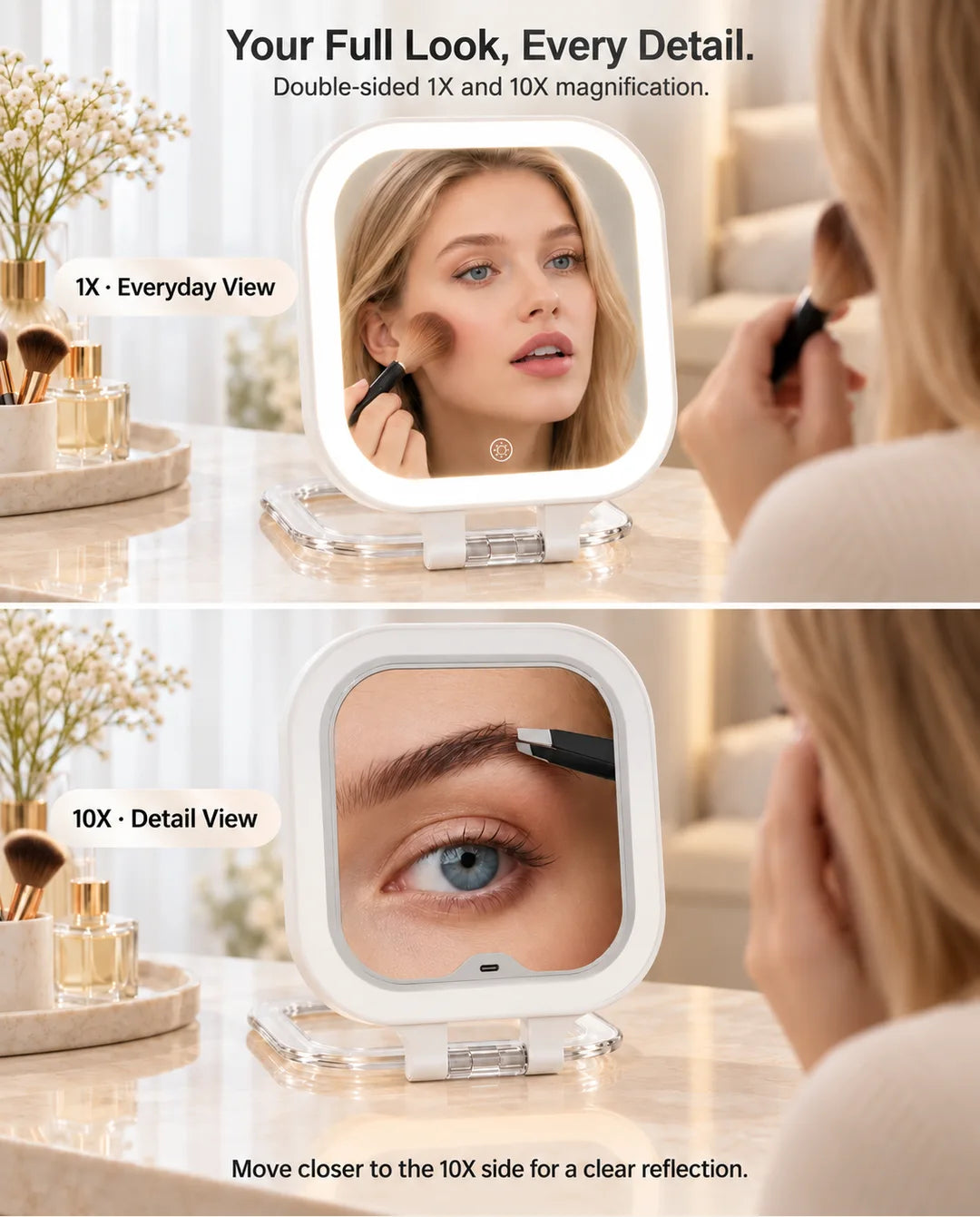 FUNTOUCH SM420 double-sided mirror showing a full-face 1X reflection and a 10X close-up for eyebrow grooming.