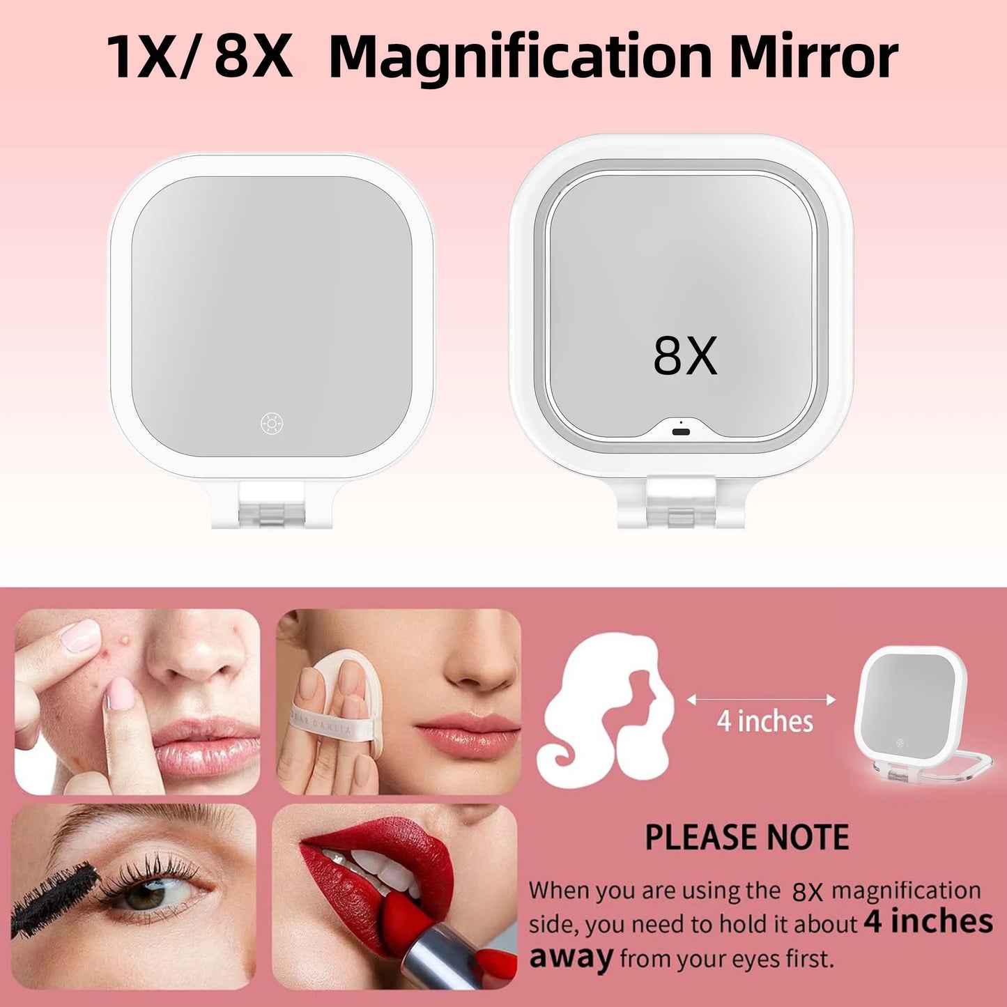 Funtouch SM420 double-sided mirror with 1X normal and 8X magnification, ideal for close-up eye makeup, lipstick and skincare.