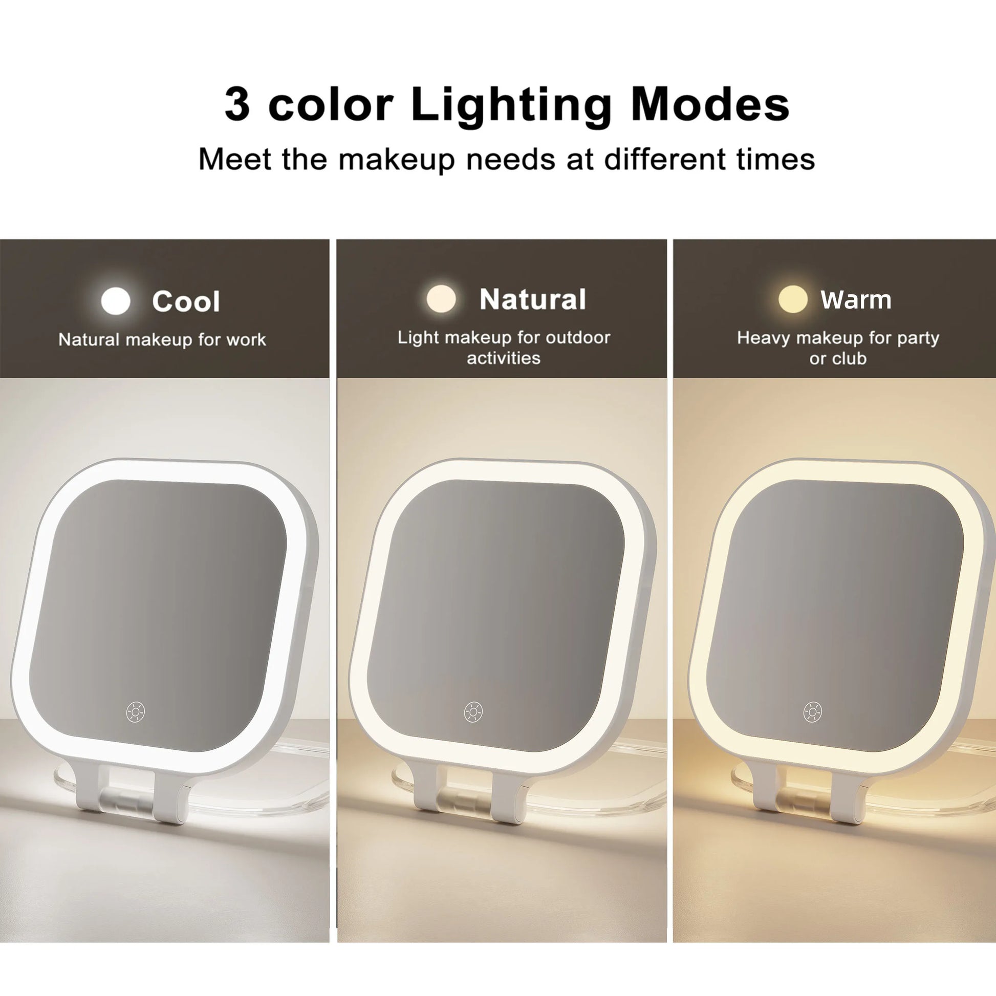 Funtouch SM420 compact mirror with 3 color LED lights (cool, natural, warm), adjustable for different makeup needs and occasions.