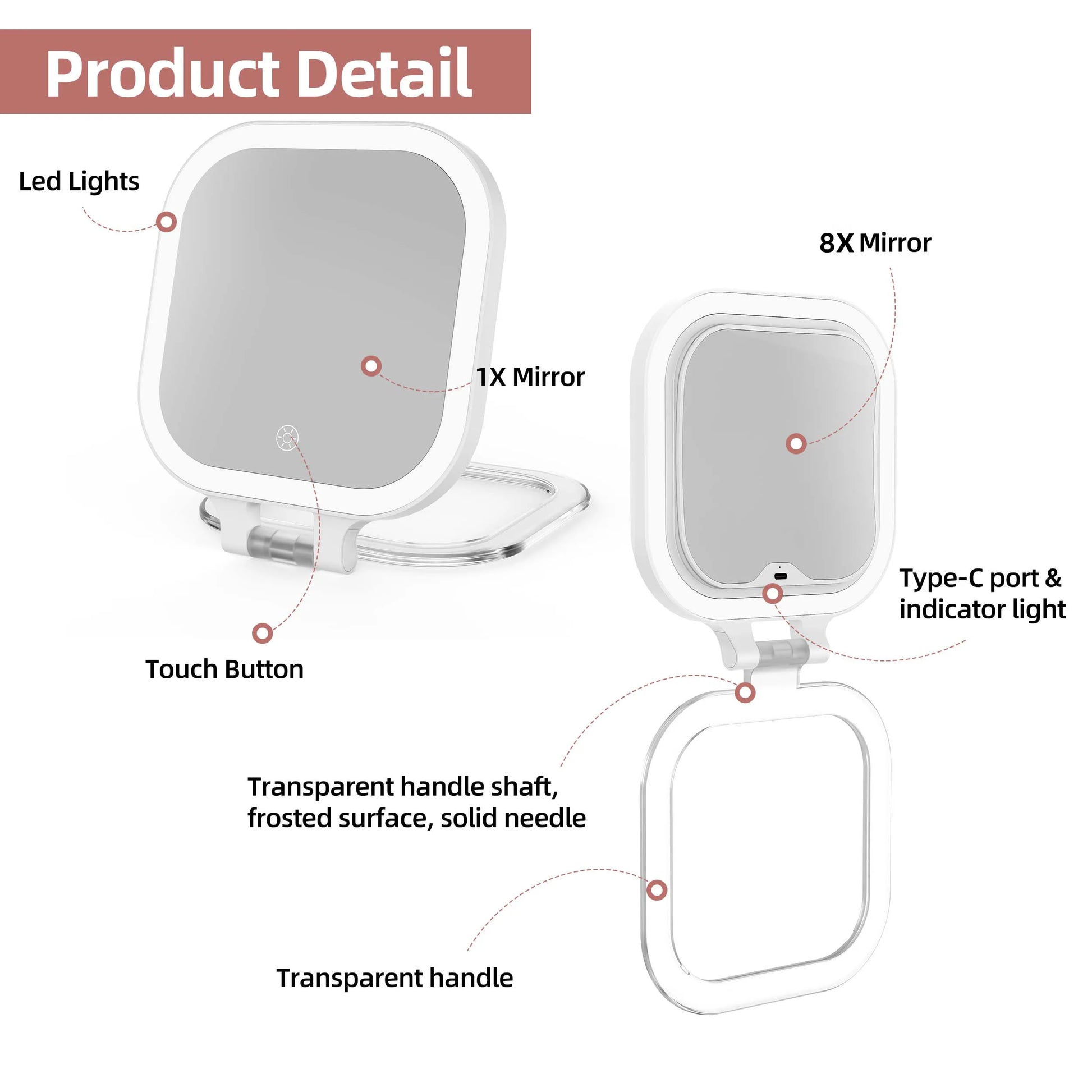 Funtouch SM420 makeup mirror details: LED lights, touch button, Type-C port, indicator light and transparent handle.