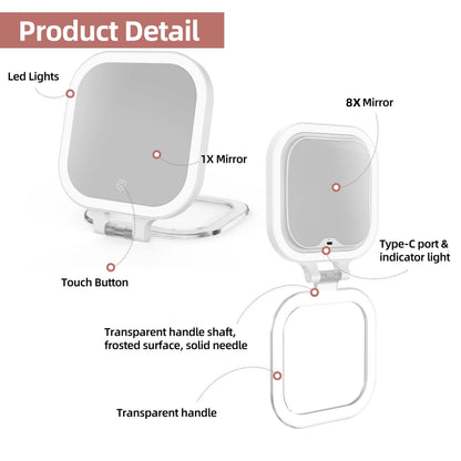 Funtouch SM420 makeup mirror details: LED lights, touch button, Type-C port, indicator light and transparent handle.