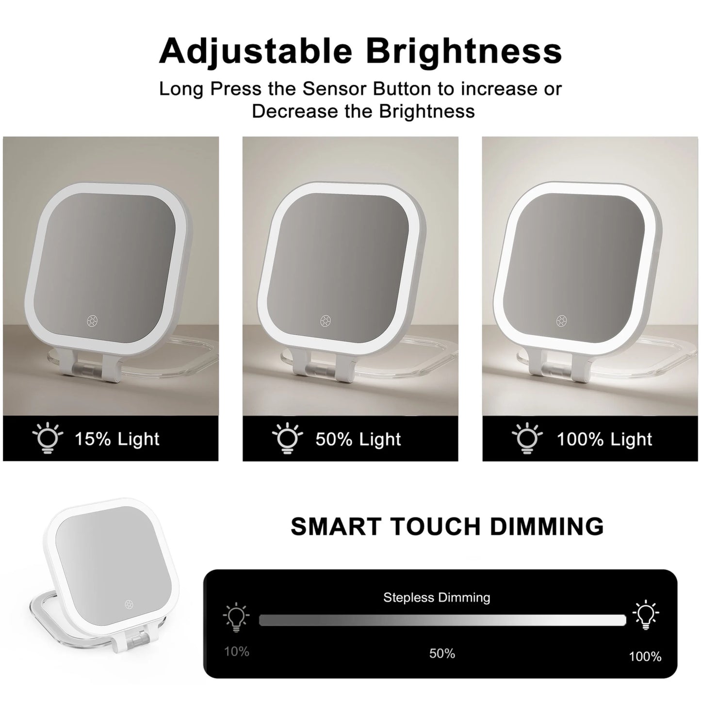 Funtouch SM420 travel mirror with smart touch dimming, adjustable brightness from 15% to 100% for any lighting environment.