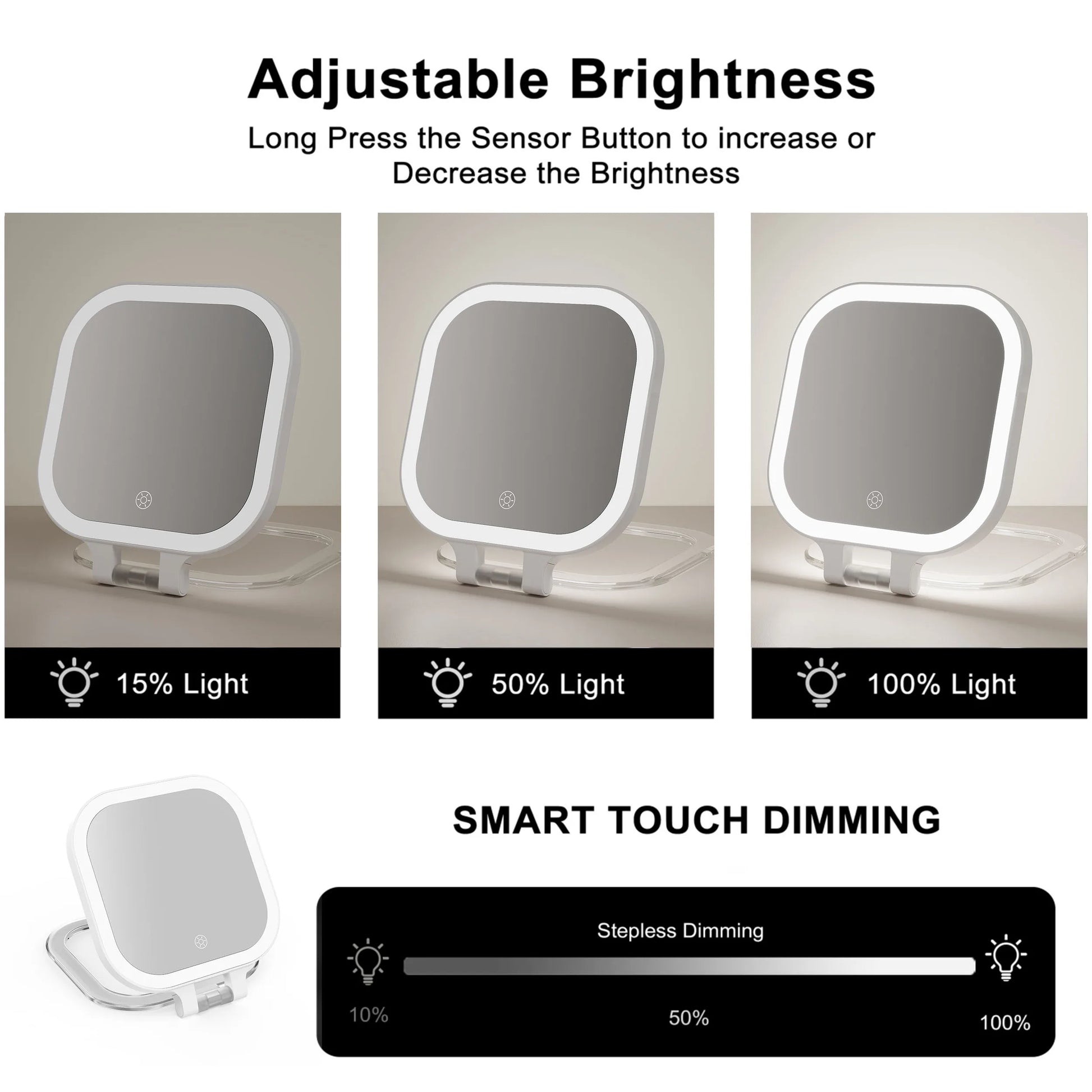 Funtouch SM420 travel mirror with smart touch dimming, adjustable brightness from 15% to 100% for any lighting environment.