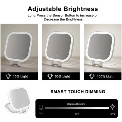 Funtouch SM420 travel mirror with smart touch dimming, adjustable brightness from 15% to 100% for any lighting environment.