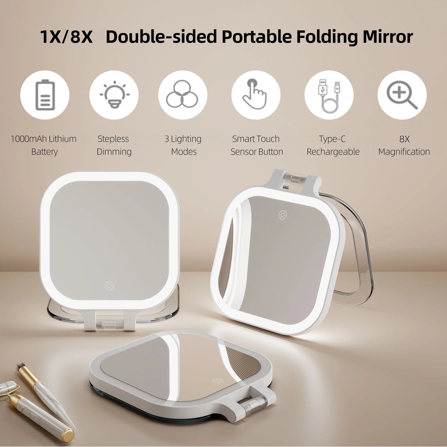 Funtouch SM420 portable foldable LED makeup mirror, double-sided 1X/8X magnification, rechargeable compact vanity mirror for travel and daily use.