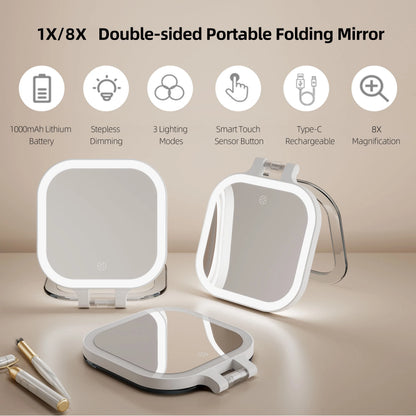 Funtouch SM420 portable foldable LED makeup mirror, double-sided 1X/8X magnification, rechargeable compact vanity mirror for travel and daily use.