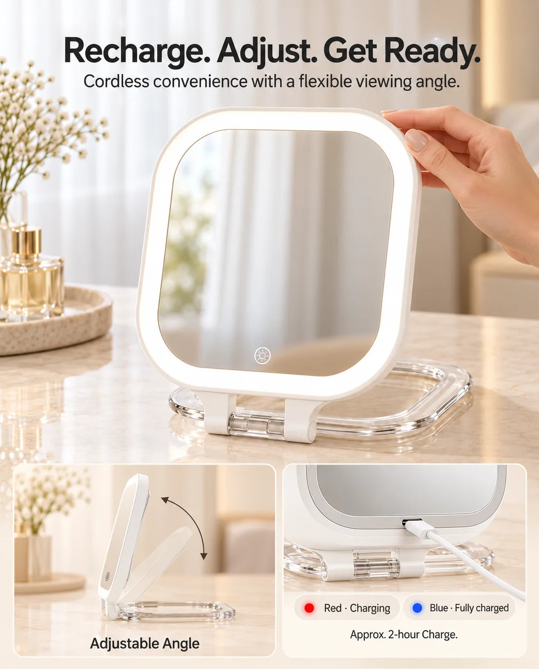 FUNTOUCH SM420 showing its adjustable hinge, clear acrylic stand and USB-C charging connection with red and blue indicators.
