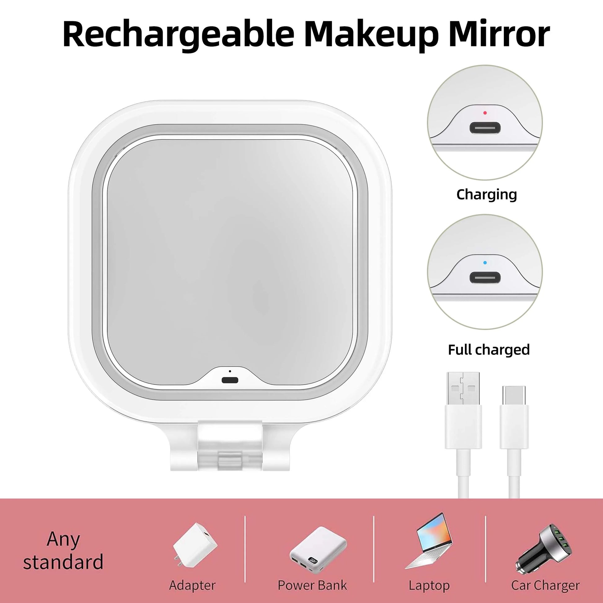 Funtouch SM420 rechargeable makeup mirror with Type-C charging, compatible with power bank, laptop and car charger for on-the-go use.