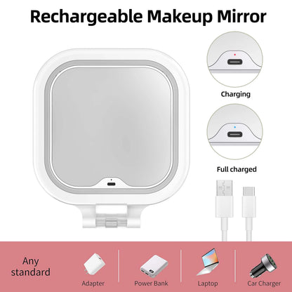 Funtouch SM420 rechargeable makeup mirror with Type-C charging, compatible with power bank, laptop and car charger for on-the-go use.