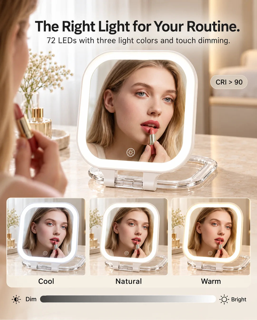 Woman applying lipstick with the FUNTOUCH SM420 mirror, showing cool, natural and warm lighting with adjustable brightness.