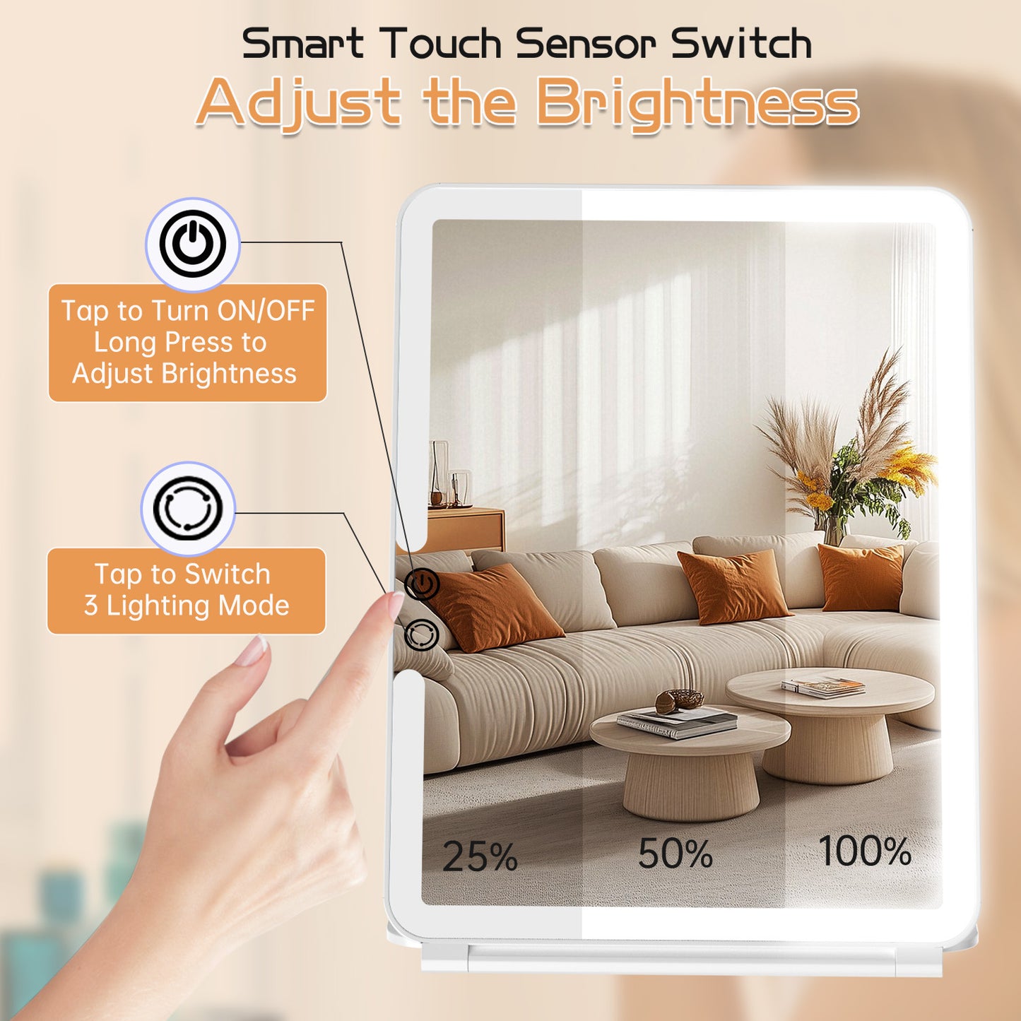 Smart touch control dimmable brightness Funtouch led folding makeup mirror indoor bedroom scene