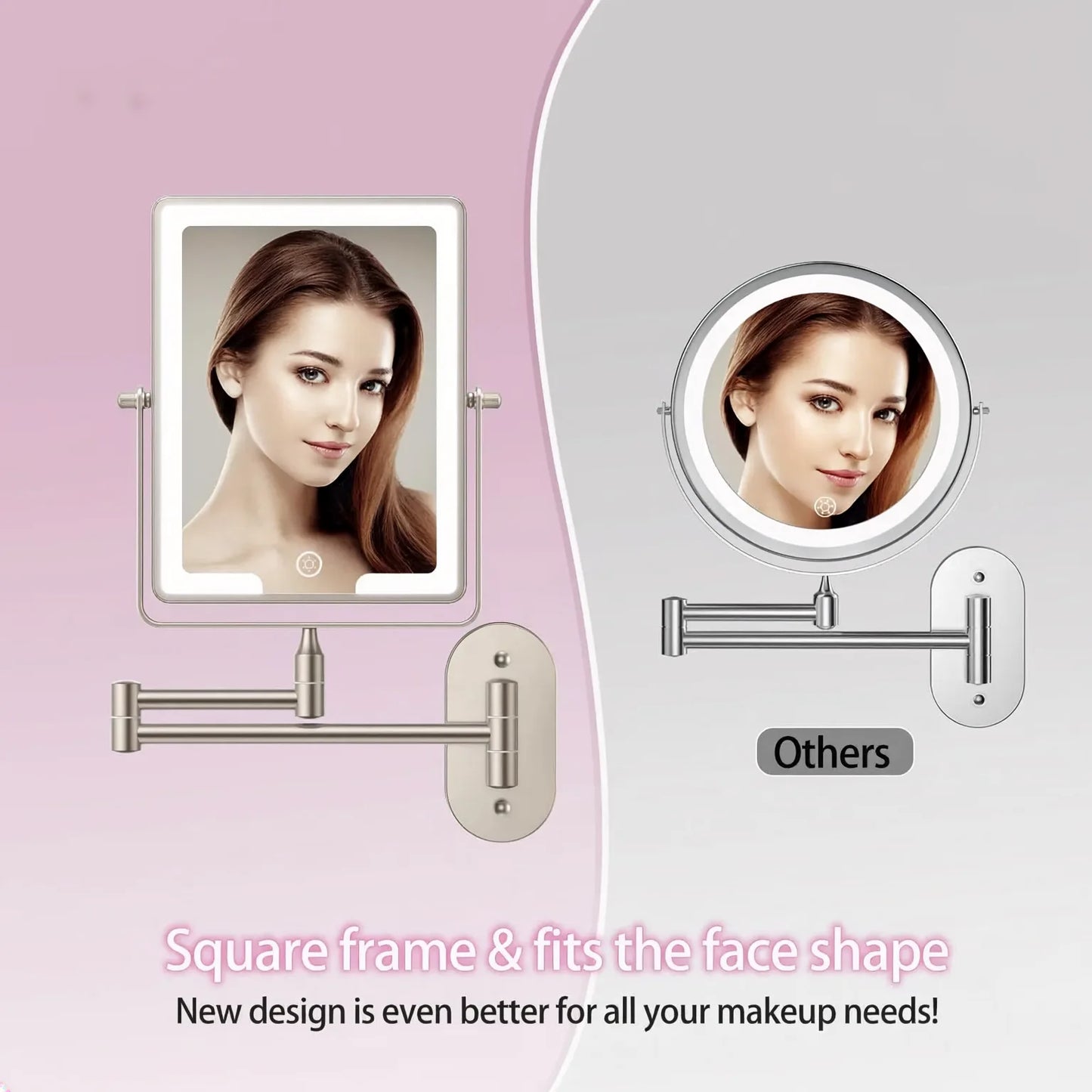 Funtouch square frame wall mirror vs round mirror, showing better face shape coverage and more comfortable makeup experience.