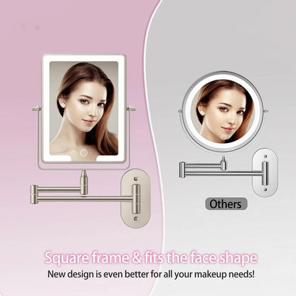 Funtouch square frame wall mirror vs round mirror, showing better face shape coverage and more comfortable makeup experience.