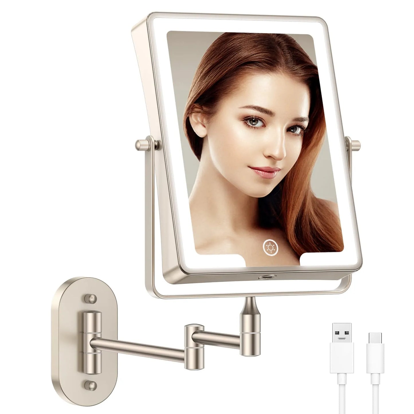 Funtouch champagne gold square wall-mounted LED makeup mirror with double-sided 1x/10x magnification, telescoping design for bathroom.