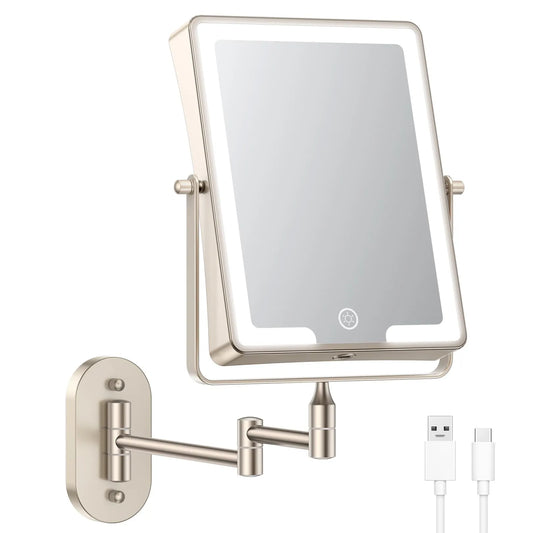 Funtouch champagne gold square wall-mounted LED mirror, foldable telescoping vanity mirror with Type-C charging cable included.