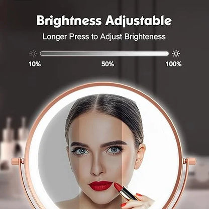 Funtouch rose gold light-up makeup mirror with adjustable dimmable brightness, ideal for applying makeup in any light condition.
