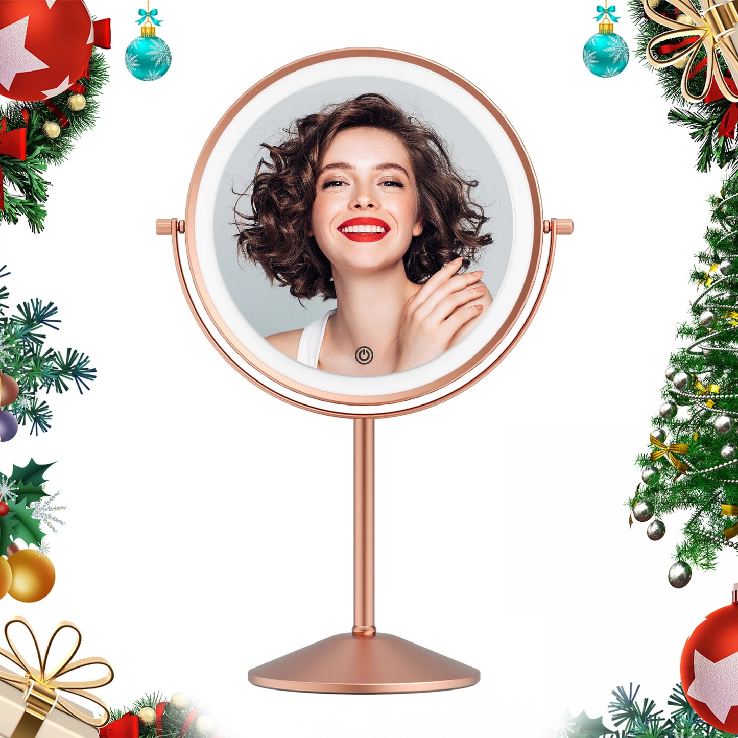 Funtouch rose gold LED makeup mirror with festive background, perfect as a Christmas gift for women, teens, and makeup lovers.
