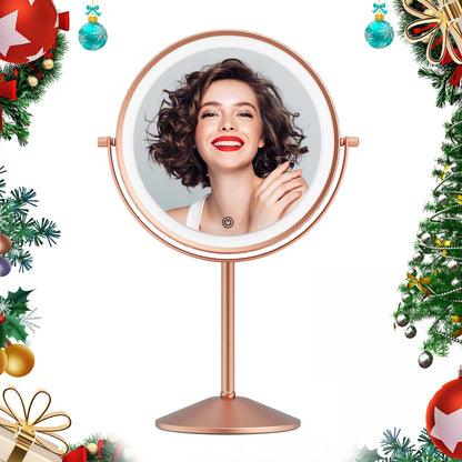 Funtouch rose gold LED makeup mirror with festive background, perfect as a Christmas gift for women, teens, and makeup lovers.