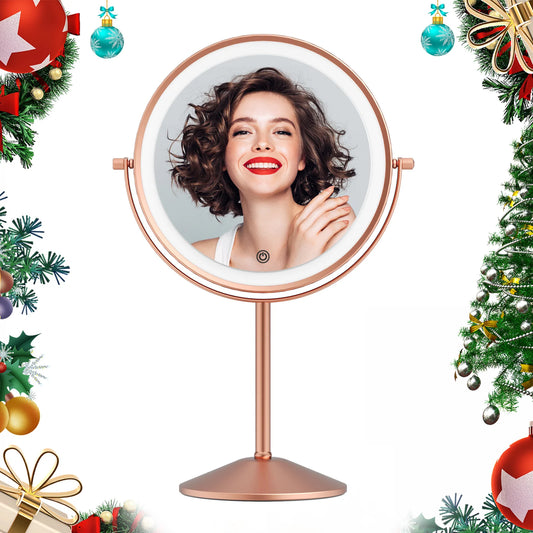 Funtouch rose gold LED makeup mirror with festive background, perfect as a Christmas gift for women, teens, and makeup lovers.