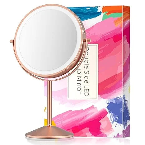 Funtouch rose gold tabletop LED makeup mirror with light, double-sided 1x/10x magnification, cordless vanity mirror for bathroom and bedroom.