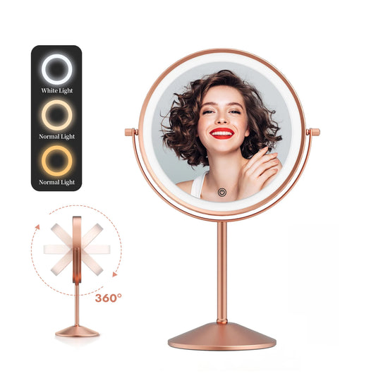 Funtouch rose gold LED makeup mirror with festive background, perfect as a Christmas gift for women, teens, and makeup lovers.