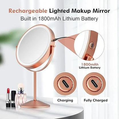 Funtouch rechargeable rose gold LED makeup mirror with 1800mAh lithium battery, showing charging status and USB port for long-lasting cordless use.