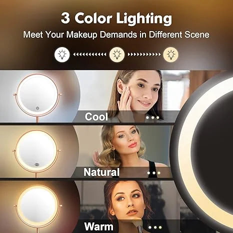 Funtouch rose gold makeup mirror with 3 color LED lights (cool, natural, warm), showing different lighting modes for flawless makeup application.