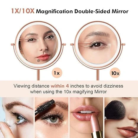 Funtouch rose gold double-sided makeup mirror with 1x and 5x magnification LED light, showing close-up views for eyeliner, eyebrows, and lipstick.