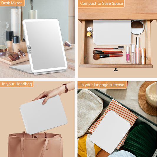 Multi-scene display of Funtouch foldable portable makeup mirror for travel home cosmetic use