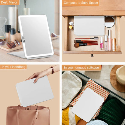 Multi-scene display of Funtouch foldable portable makeup mirror for travel home cosmetic use.
