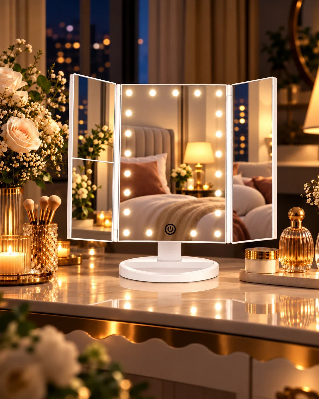 FUNTOUCH white tri-fold LED makeup mirror with illuminated center panel and adjustable side mirrors on a vanity table in a cozy nighttime bedroom.