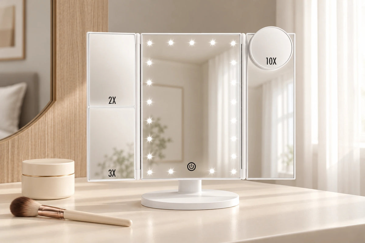 White tri-fold LED makeup mirror with side magnifying panels and a round 10x magnifier on a cream vanity.