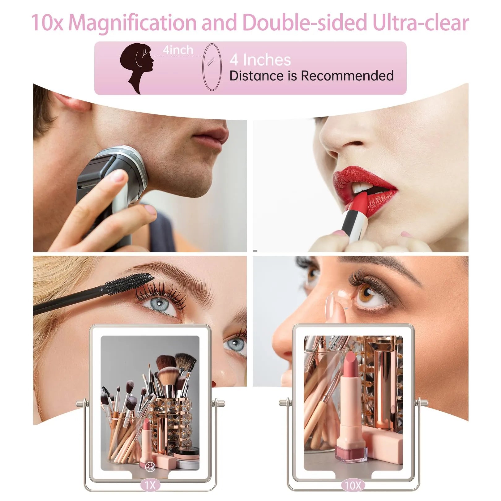 Funtouch double-sided wall mirror with 10x magnification, ultra-clear view for eyeliner, eyebrows, lipstick and men's shaving.
