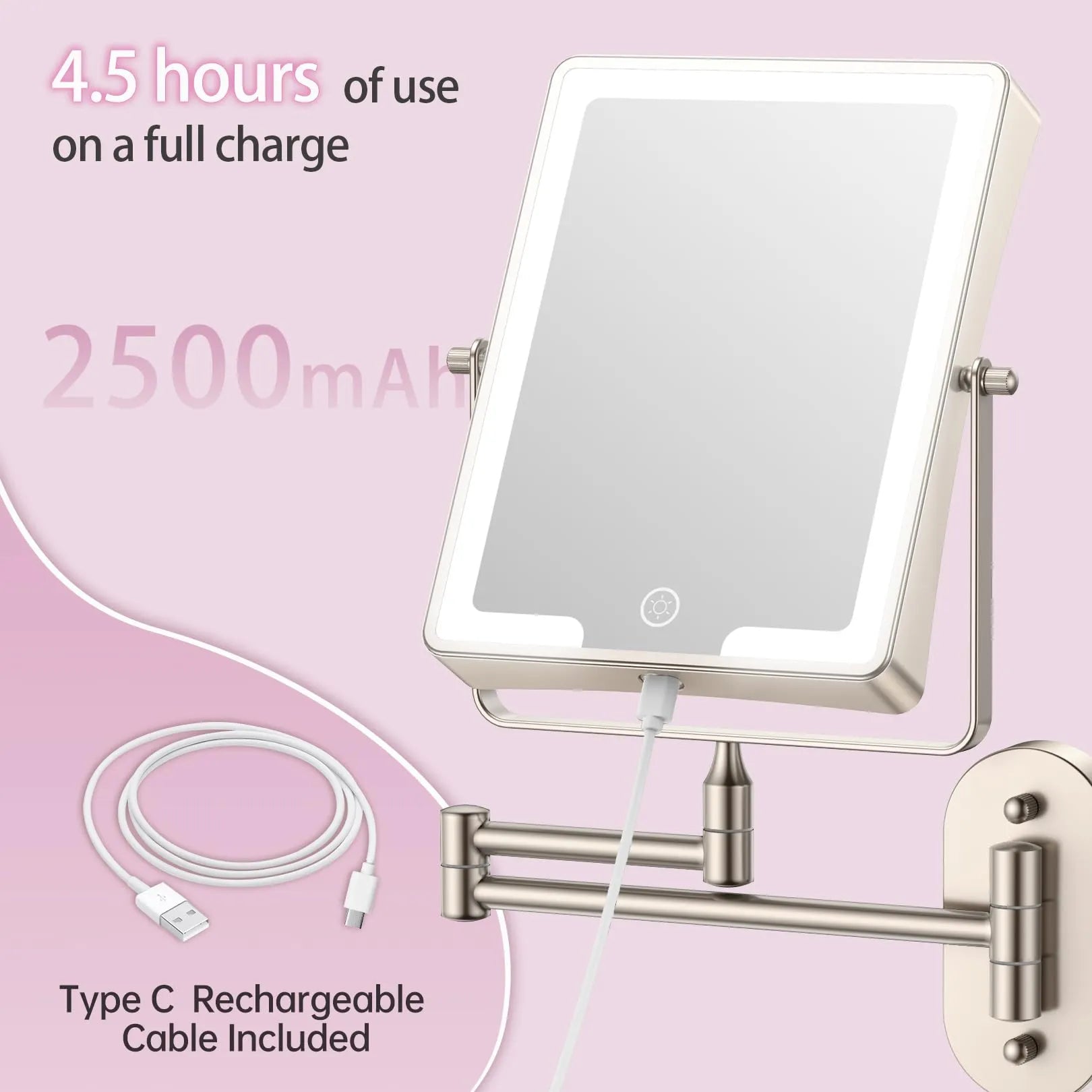 Funtouch wall mirror with built-in 2500mAh lithium battery, 4.5 hours continuous use on a full charge, Type-C rechargeable.