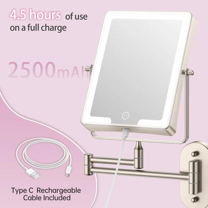 Funtouch wall mirror with built-in 2500mAh lithium battery, 4.5 hours continuous use on a full charge, Type-C rechargeable.