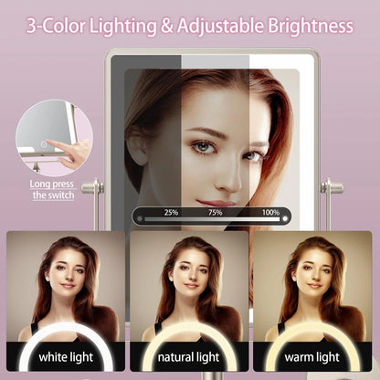 Funtouch wall-mounted mirror with 3 color LED lights (white, natural, warm) and touch-controlled stepless brightness adjustment.